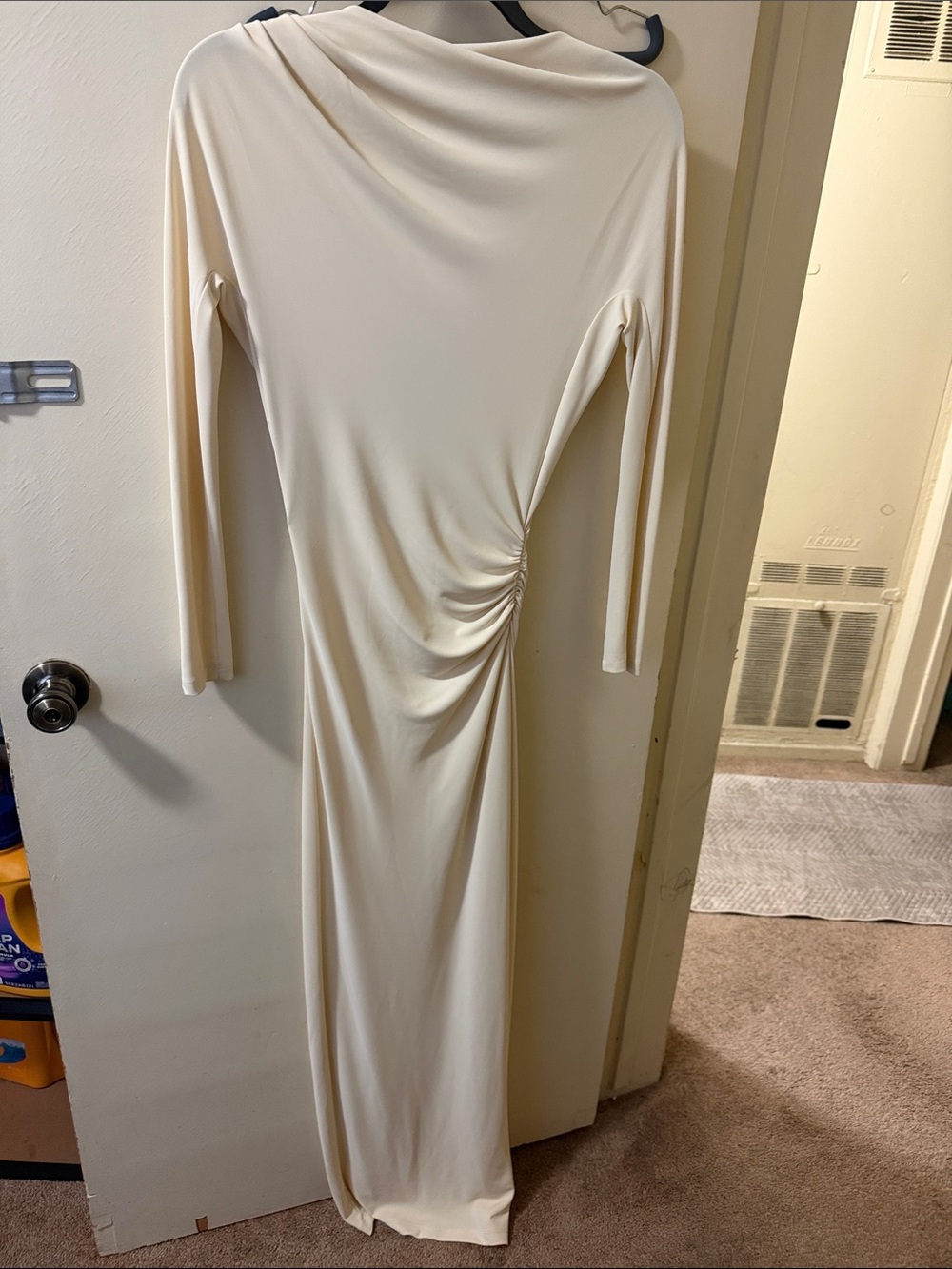 Long-Sleeve Cream Ruched-Side Maxi Dress
